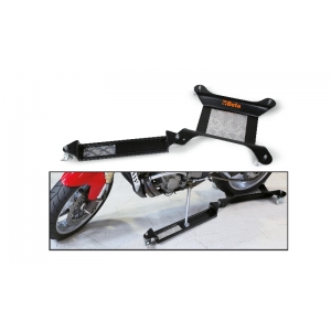 Base móvel para suporte central ou roda traseira da motocicleta com extensão para suporte lateral
