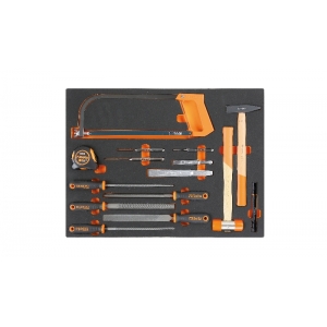 Placa de EVA com ferramentas de impacto, limas, ferramentas de corte e medição
